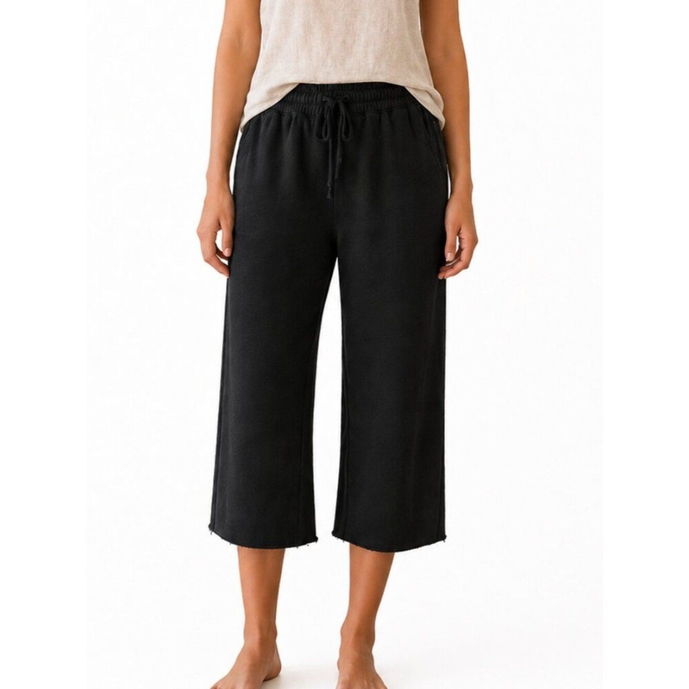 Pact Womens Black Cropped Raw hem Tie waist Sweatpants Size Medium